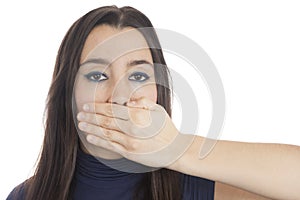 Woman voiceless looking at camera