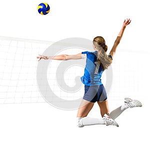 Woman voleyball player isolated ver with net and ball