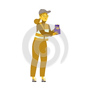 Woman Volunteer Giving Food Engaged in Charity Activity Donating It to Needy Vector Illustration