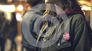 Woman with VOTE badge featuring an American flag on her denim jacket at a polling station. Concept of election day