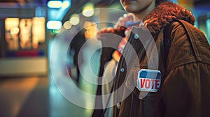 Woman with VOTE badge on her jacket at a polling station. Concept of election day, voting awareness, elections