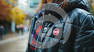 Woman with VOTE badge on her jacket at a polling station. Outdoors. Concept of election day, voting awareness, elections