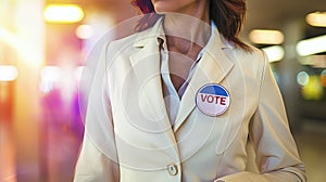 Woman with VOTE badge on her white jacket at a polling station. Concept of election day, voting awareness, elections