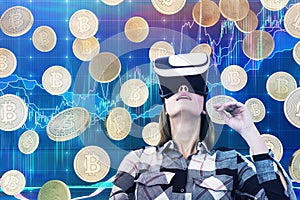 Woman in vr glasses and bitcoins