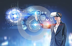 Woman in vr glasses, business infographics