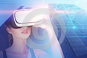 Woman in vr glasses in city, graphs