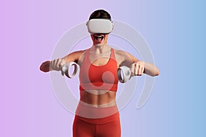 Woman in VR glasses with controllers
