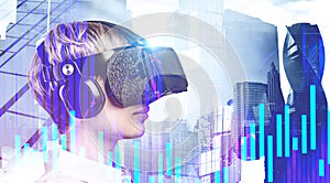 Woman in VR glasses, digital chart in city