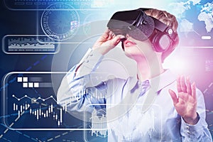 Woman in VR glasses, infographics interface