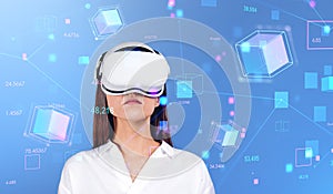 Woman in VR glasses, network interface