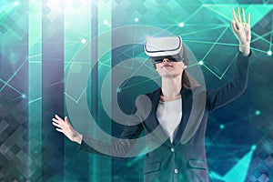 Woman in vr glasses using green network interface