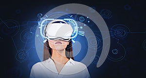 Woman in VR goggles, network interface