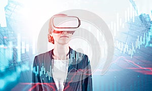 Woman in VR headset in city, virtual graph