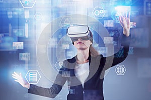 Woman in VR headset, information interface