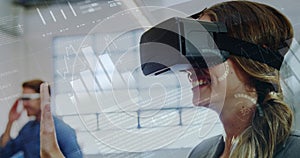 Woman in VR headset interacts with digital interface, symbolizing global network.