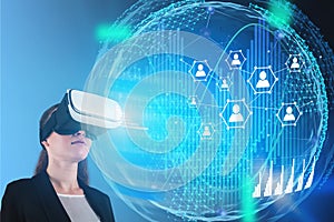 Woman in VR headset looking at social network