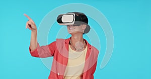 Woman, VR and press on screen with metaverse, future technology and high tech on blue background. Hands, female user and