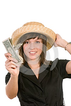 Woman with wad of dollar bills