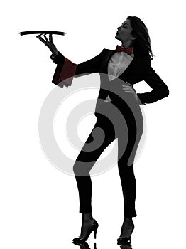 Woman waiter butler holding empty tray silhouette