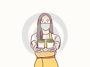 Woman waitress with masker serving order coffee to customer simple korean style illustration