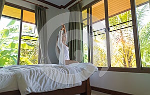 Woman Wake Up Hotel Room Young Girl Stretching Morning Bedroom Interior Window