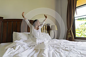 Woman Wake Up Hotel Room Young Girl Stretching Morning Bedroom Interior Window