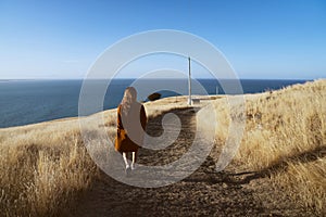 A woman walk on the road and dried Grass flower in meadow with sun lights