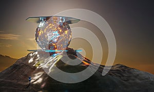 Woman walk on sci-fi landscape mountain with shine large ball. Futuristic concept. 3D rendering