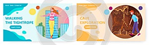 Woman walk on a tightrope. Cave explorer speleologist. Extreme sport and speleology vector concept illustration. Rope