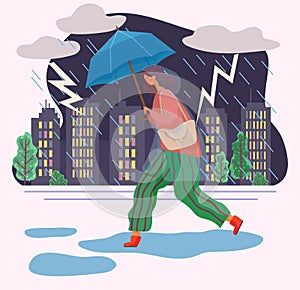 Woman Walk with Umbrella Under Rain, Thunderstorm