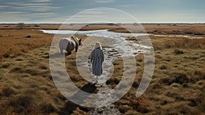A Woman Walking Across A White Rhinoceros In A Dreamlike Landscape