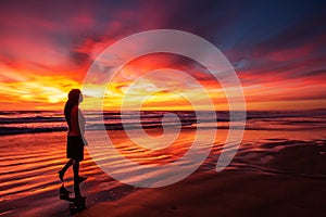 Woman walking alone on the beach in the sunset