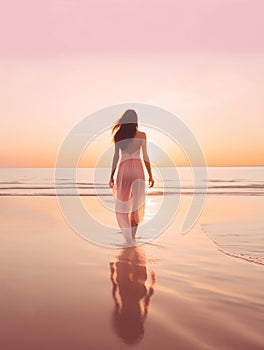 Woman Walking Along the Beach in Serenity