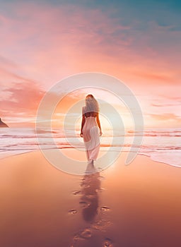Woman Walking Along the Beach in Serenity