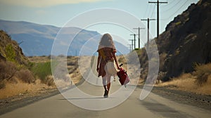 Woman walking along a country road with luggage