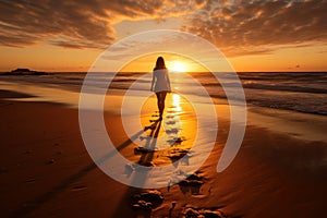 Woman walking along a pristine sandy beach at sunset. AI Generated