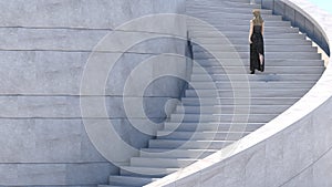 Woman walking on architectural stairs. 3D Rendering. The woman is a 3D object.