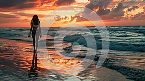 woman walking on the beach near the ocean at the sunset