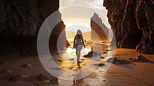 A woman walking on a beach at sunset. Generative AI image.