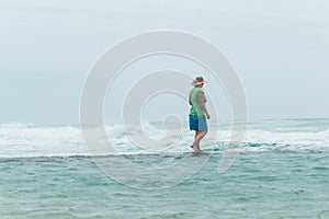 Woman Walking Beach Tidal Pool Ocean