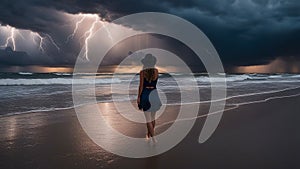 woman walking on the beach _She was walking on the beach, enjoying the sunset. She didn\'t notice the storm clouds gathering