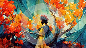 woman walking at a beautiful path with trees in a folky style, abstract poster, ai generated image