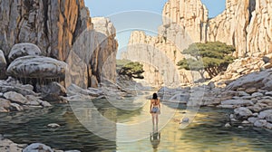 A Woman Walking In A Canyon With Rocks In The Background