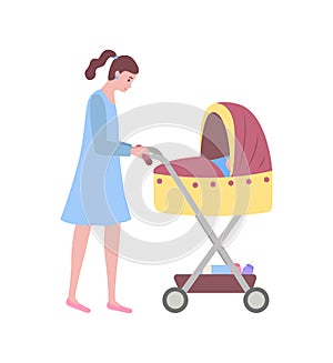 Woman Walking with Child Sleeping in Perambulator