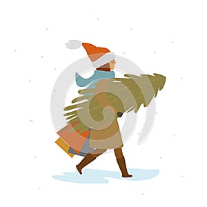 Woman walking with christmas pine tree and shopping bags, side view, isolated vector illustration