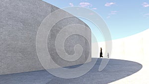 Woman walking in an circular corridor. 3D Rendering. photo