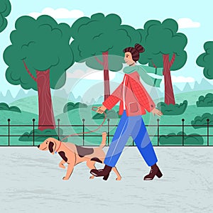 Woman walking in city park with dog vector flat cartoon illustration. Female character with domestic animal.