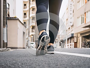 Woman walking on City street morning exercise Travel explorer