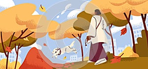 Woman walking with cute funny dog in city park in autumn. Pet owner character and happy doggy, active puppy, canine