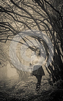 Woman walking in the dark forest with lantern